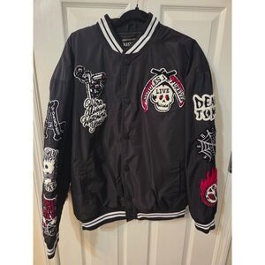 ALF Mens Size Large Black Varsity Jacket w/Embroidery Patches